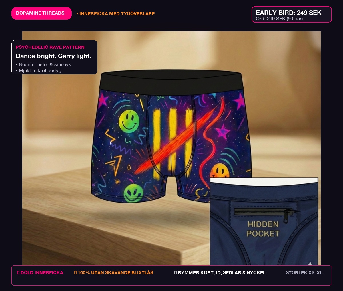 Dopamine Threads produktvy med neon rave mönster och dold innerficka