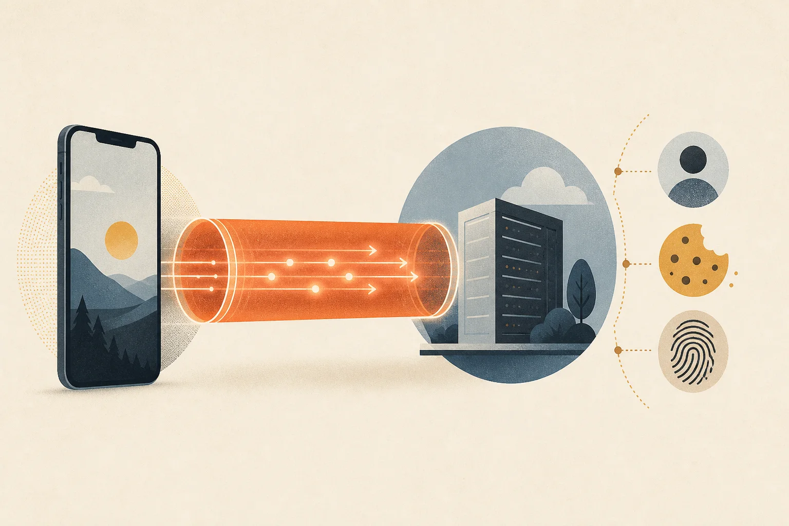 Illustration av en krypterad tunnel från en mobil till en VPN-server, medan konto, cookie och webbläsarfingeravtryck finns kvar utanför tunneln