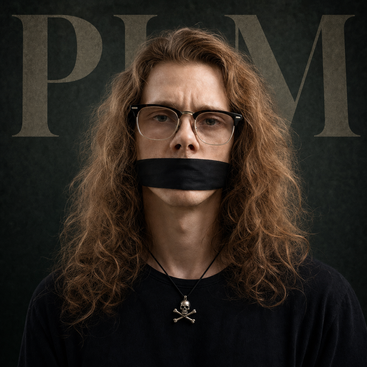 Illustrerat porträtt av Thomas Rooth med symbolisk svart munkavle, PLM i bakgrunden och ett Jolly Roger-halsband.